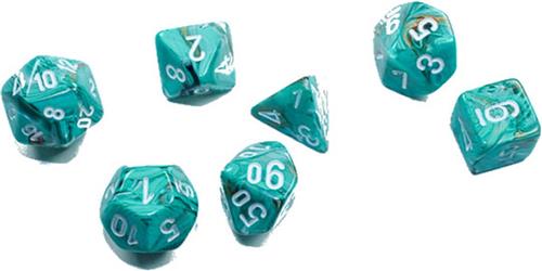 Chessex Marble Mini-Polyhedral Oxi-Copper/white Dobbelsteen Set (7 stuks)