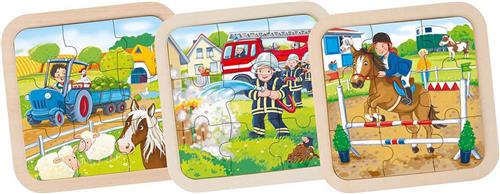 Goki Houten Legpuzzel Boerderij, Brandweer, Paard, 9st.