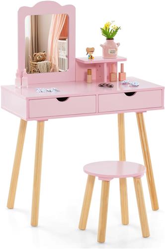 COSTWAY Make-uptafelset, 2-in-1 kaptafel, bureau en kruk met afneembare spiegel, 2 laden, kam, houten make-upcommode voor meisjes van 3 tot 7 jaar (roze)