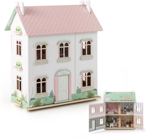 COSTWAY Poppenhuis hout, poppenhuis 3 verdiepingen met dubbelzijdige daken en deuren te openen dhz-droomhuis poppenvilla met meubels en accessoires, voor kinderen vanaf 3 jaar
