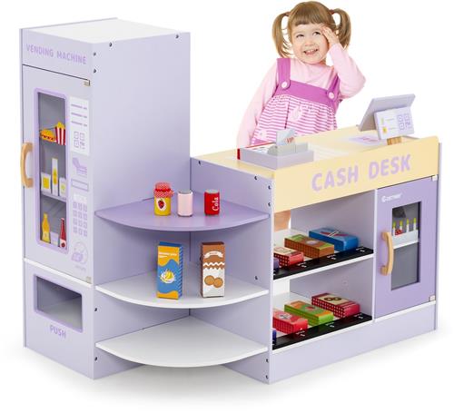 COSTWAY Kinderwinkel van hout met zijbalk, supermarktset met kassa, POS-machine, verkoopautomaat en krijtbord, boodschappenwinkel voor kinderen van 3 tot 8 jaar (paars)