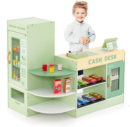 COSTWAY Kinderwinkel van hout met zijbalk, supermarktset met kassa, POS-machine, verkoopautomaat en krijtbord, boodschappenwinkel voor kinderen van 3 tot 8 jaar (groen)