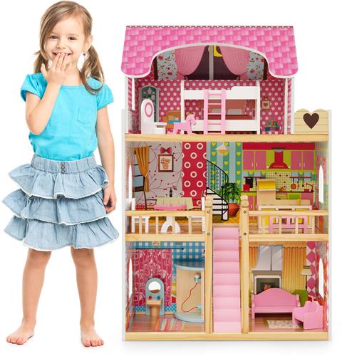 COSTWAY Poppenhuis van hout, poppenhuis met 3 etages & 15 meubels & 6 kamers, droomhuis voor meisjes, poppenvilla poppenhuis speelgoed voor meisjes vanaf 3 jaar, TP10159PIDE