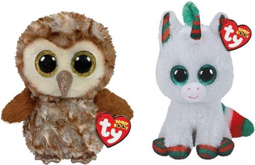 Ty - Knuffel - Beanie Boo's - Percy Owl & Christmas Unicorn