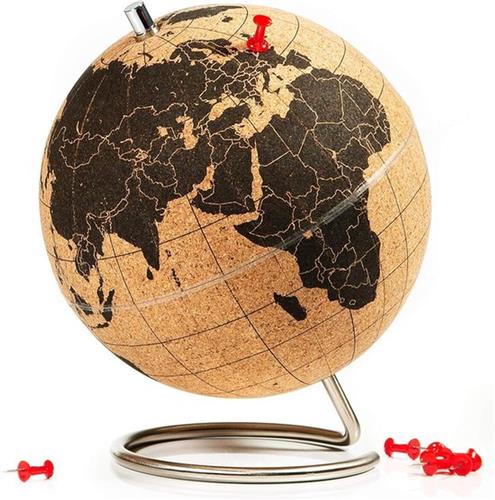 Mini kurk wereldbol - houden reizen avonturen herinneringen - leerzame wereldkaart - spelden - diameter 14 cm - bruin/zwart - klein