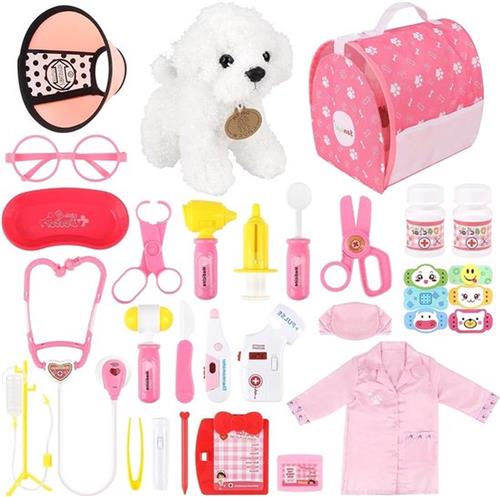 Dokterset Speelgoed - Huisdierenarts Verzorging Speelset met Dokterskostuum - Pluche Hond - Rollenspel Medische Kit - Geschenken voor Meisjes van 3-6 jaar Dokterset Speelgoed