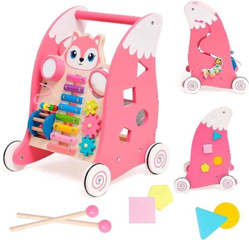 Loopwagen voor baby's - Houten wandelwagen voor baby's met Montessori-speelgoed - Babywalker met rubberen banden - Educatief speelgoed met vormsortering, spiegels, xylofoon, voor kinderen vanaf 6 maanden