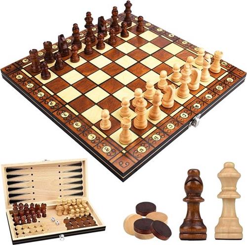 Draagbaar houten schaakbord inklapbaar - 3-in-1 schaakspel van hout - bordspellen met magnetische stukken