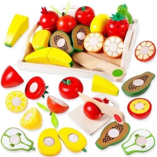 Houten 14-delige kinderkeuken speelset met fruit en messen - Ontwikkeling voor kinderen
