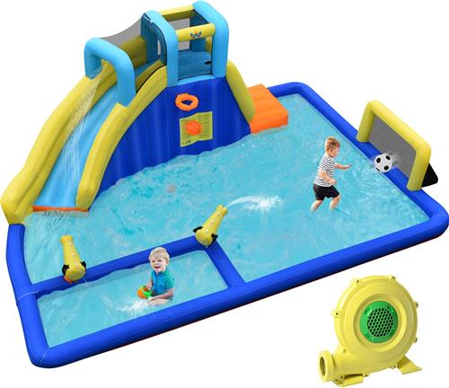 COSTWAY Opblaasbaar Water Springkussen 6-In-1 Springkasteel met Watersproeiers & Glijbaan Voor kinderen, Kinderzwembad inclusief 680W blower