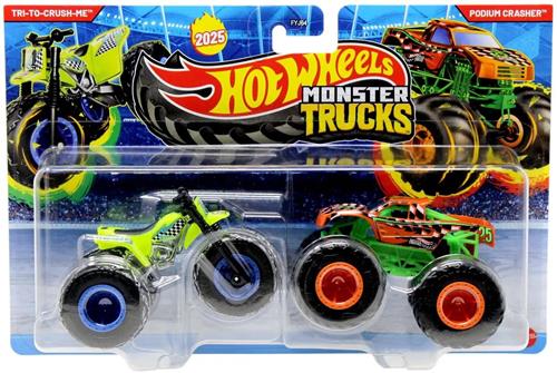 Hot wheels Monster Jam truck 2-pack - Tri-to-crush-me & Podium Crasher - monstertrucks 9 cm schaal 1:64