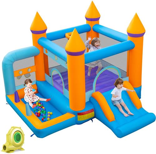 COSTWAY Springkasteel met blazer, glijbaan, ballenbad, oceaanballen en basketbalmand, kinderspringkasteel voor buiten en binnen, met reparatieset en grondpennen, 337 x 325 x 256 cm