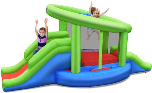 COSTWAY Springburg Bouncer Springburgkasteel met 2 glijbanen en basketbalkorf, springkasteel 410 x 190 x 197 cm (zonder blazer)