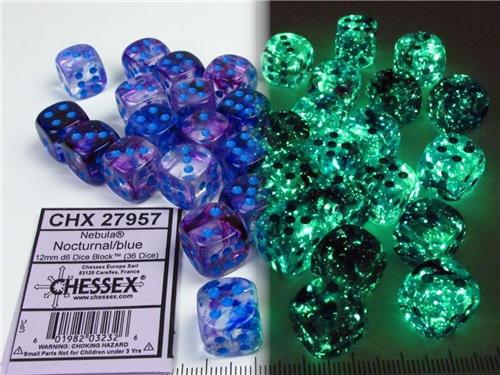 Chessex 12mm d6 Blocks - Nebula TM 12mm d6 Nocturnal/blue Luminary Dice Block (36 dice)