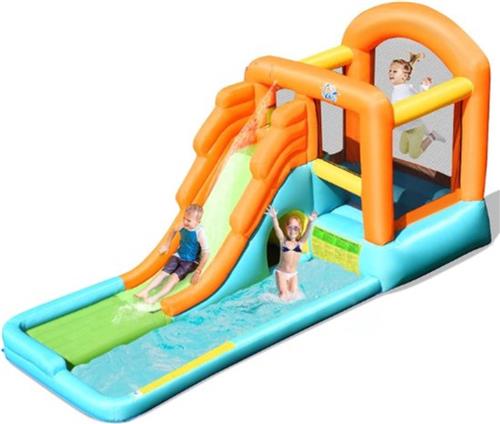 THUYS Springkasteel opblaasbaar, waterglijbaan speelzwembad, springkasteel met glijbaan, waterpark kinderbadje (490x225x240cm) Ben jij op zoek naar een opblaasbaar speelparadijs voor kinderen? Het THUYS Springkasteel met waterglijbaan is perfect voor
