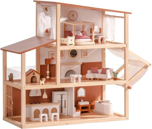 Poppenhuis - Houten Poppenhuis met Meubels - Kinderspeelgoed 1 jaar en Ouder - Bruin