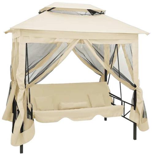 Schommelbank  Tuinschommel  Hangbank  Loungestoel  Tuinbank  Crème Wit  Weerbestendig Stalen Frame  Uitklapbaar Ligbed 220x160x240 cm