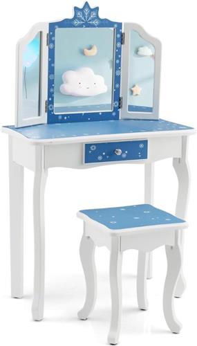Thuys  Kaptafel  Kind  Make Up Tafel  Voor Meisjes  Met Spiegel  Inclusief Kruk  Stijlvol Design  Wit Blauw