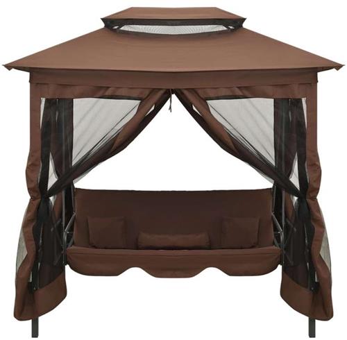 Schommelbank  Tuinschommel  Hollywoodschommel  Tuinbank  Schommelstoel  Verstelbare Luifel  Weerbestendig Stalen Frame  Inclusief 4 Comfortkussens  220x160x240 cm  Koffiebruin