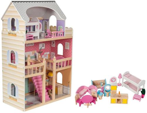 DailySupplies® Poppenhuis - Houten Poppenhuis met Meubels - Kinderspeelgoed 1 jaar en Ouder - Geel