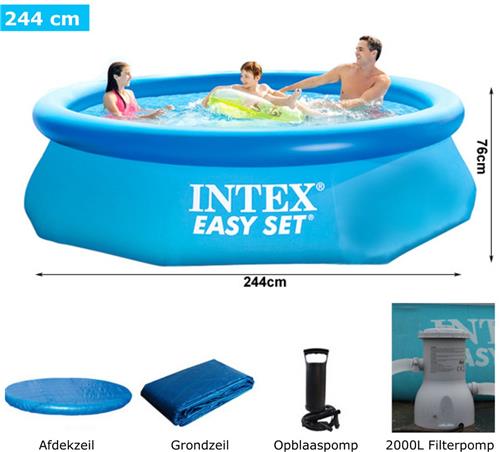 Intex® Zwembad Met Pomp 244cm - Opblaasbaar Bad + Filterpomp + Opblaaspomp + Afdekzeil + Grondzeil - Opblaasbaar Zwembad - Rond