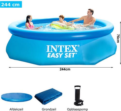 Intex® Zwembad Met Pomp 244cm - Opblaasbaar Bad + Opblaaspomp + Afdekzeil + Grondzeil - Opblaasbaar Zwembad - Rond