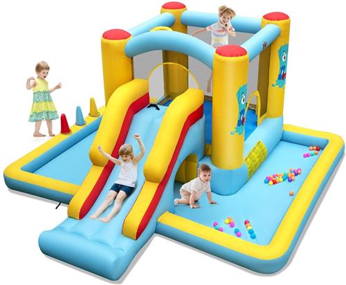 Springkussen  Springkasteel  Luchtkussen  Speeltoestel  Jump-O-Lene  Met Glijbaan & Tunnel  Inclusief Basketbalring & Ringwerpspel  Groot 394x389x194 cm  Duurzaam Oxford Polyester