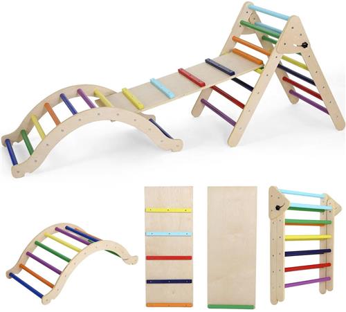 Vouwbare Houten Klim- en Glijset  Speeltoestel  Klimrek  Glijbaan  Speelset  Stevige Houten Constructie  Compact Opvouwbaar Design