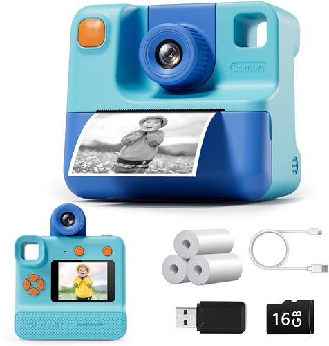Gloovon -Kindercamera - Vloggen - 16GB SD Kaart - Inktvrij - Instant Print - Camera Kinderen - Klein Formaat Speelgoed - - Blauw