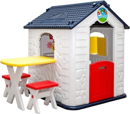 Thuys  Speelhuisje voor Buiten  Buitenspeelgoed  Jongens & Meisjes  Speelhuis  Wit met Blauw Dak  Tafel met Stoeltjes  Gekleurd