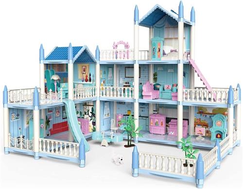 DailySupplies® Poppenhuis - Houten Poppenhuis met Meubels - Kinderspeelgoed 1 jaar en Ouder - Blauw met Wit