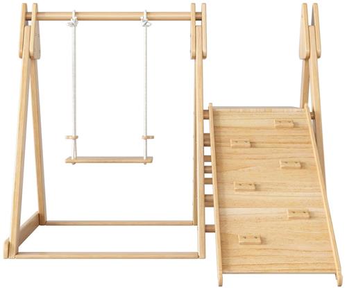 Houten Speeltoestel  Houten Klimtoestel  Houten Schommel  Kinder Speeltoestel  3-In-1 Design  Instelbare Schommel  Antislip Platform - 124 x 174 x 110 cm - Houtkleur