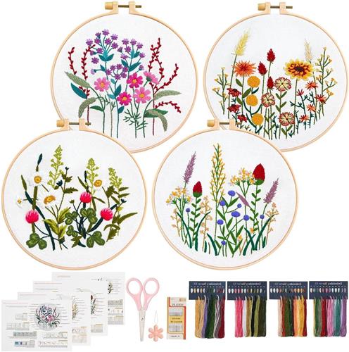 Thelau - Borduurset voor volwassenen - beginners - kruissteek met bloemenborduurpatronen - doe-het-zelf - inclusief hoepels en stof - bloemmotieven - 4 stuks - Naaisetje