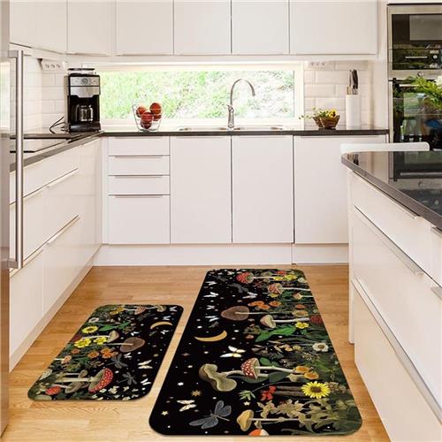 TheLau - Keukentapijten met paddestoelthema en vlinderpatroon - Set van 2 - Antislip - Rubberen achterkant - Ingangstapijt - Gewatteerd - Staan tapijten en matten - Thuisvloer - Nederlandstalig