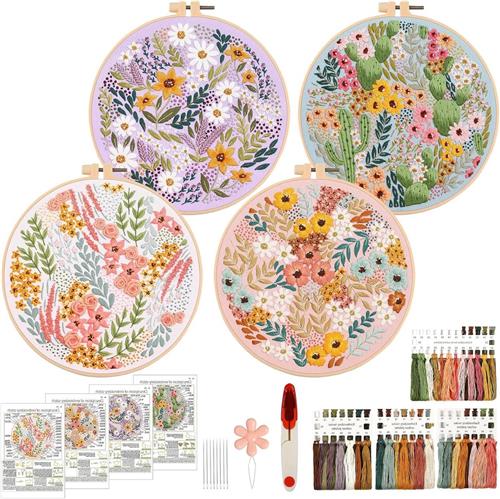 Thelau - Voor beginners4 sets borduurpakketten met bloemen en borduurcirkels - Compleet assortiment om te leren borduren - Inclusief stof en naaktdraden