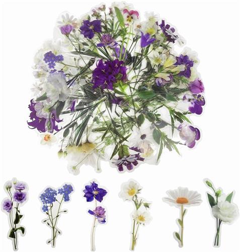 Thelau - Stickers set - 80 stuks bloemmotieven, transparante knutselstickers handgemaakte bloemen volwassenen plakboek kaarten laptop DIY ambachten violet zoet