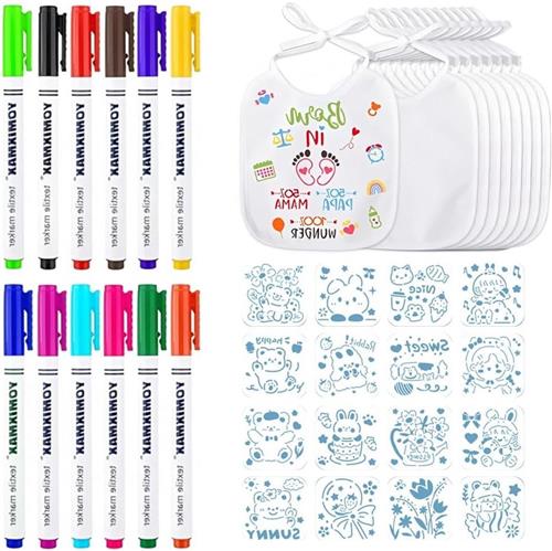 Thelau - Set van 8 witte babyslabbetjes om te beschilderen - inclusief schildersjablonen en textielstiften voor babyborrels en decoratie jongens