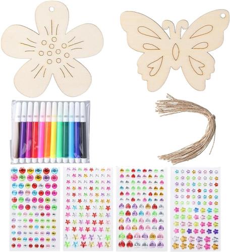Thelau - Knutselset houten vlinders en bloemen - creatieve decoratie set voor kinderen - 24 stuks met aquarelstiften en edelsteenstickers