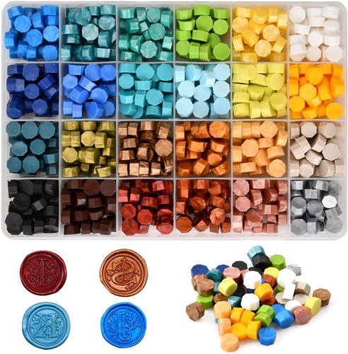 Thelau - Set van 600 achthoekige zegelwas kralen - 24 kleuren - stempelset - opbergdoos - voor brieven, huwelijksuitnodigingen, kaarten