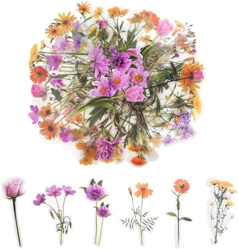 Thelau - Bloemstickers Set van 80 stuks - Transparante Plakboekstickers Handgemaakt - Voor Volwassenen en DIY Ambachten - Roze en Kraft Thema - Voor Plakboeken, Kaarten, Laptops - Bloemenmotieven - Decoratieve Stickers