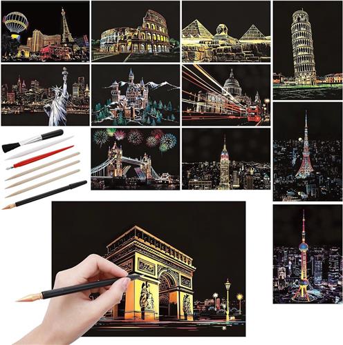 Thelau - 12 stuks Regenboog Scratch Art Papier Krabgereedschap Kit | Stad Monumenten Scratch Art voor Volwassenen en Kinderen | A5 Formaat