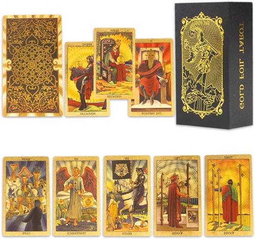 Thelau - Set van 78 + 2 tarotkaarten met goudfolie - Tarot de Marseille set met gids - Waterdichte en kreukvrije kaarten - Voor beginners - Goudkleurig