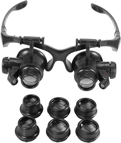 Allecto plus - Draagbaar LED-lichtvergrootglas met hoofdband en 4x vergrotingslenzen. Ideaal voor sieraden, postzegels, munten en meer.