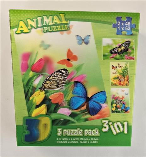 3D Animal dieren Puzzle- 3 in 1 box- 3 puzzles- vlinders- 48 en 63 stukjes