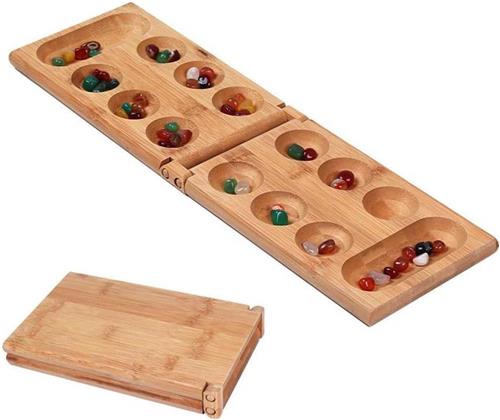 TheLau - Mancala Bordspelset met opvouwbaar spelbord en natuurstenen pebbles - Strategisch familiespel met houten bord voor kinderen en volwassenen
