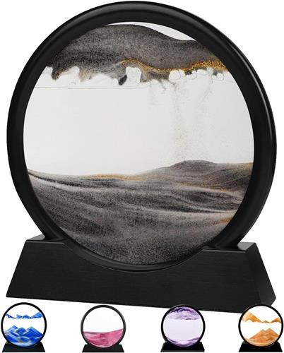 Thelau - 3D Zandloper Diepzee Zandlandschap Bewegende Zandkunst - Draaibaar Geschenk Decoratie voor Kantoor Woonkamer Bureau - Volwassenen Kinderen - Zwart Wit 18 cm