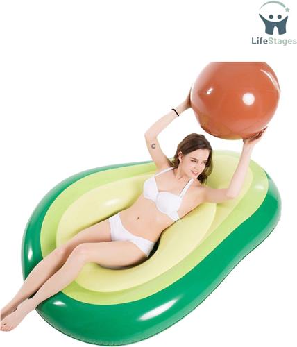 LifeStages - Zwembad Drijvers - Reuze Opblaasbare Avocado Vlotter - 165CM Grote PVC Vlotter - Soepel Lounge Strand Vlotter met Waterbal - voor Kinderen Volwassenen - Zwembad Strand Feest Speelgoed