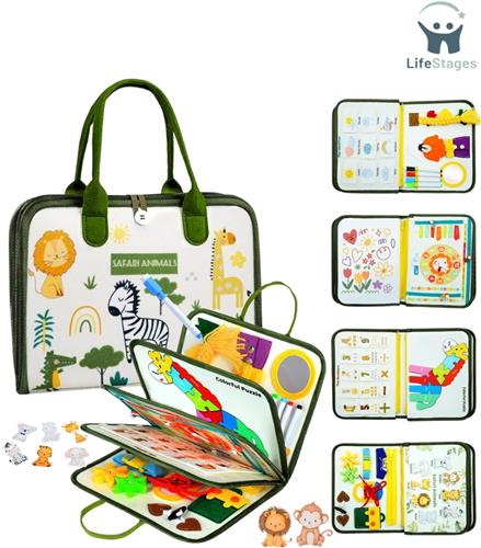 LifeStages - Montessori Activiteitenboek - Montessori Bezigheid Raad Peuters - voor 2 + Jaar oude Jongens Meisjes - 8 in 1 Montessori speelgoed Activity Board Educational - Educatief Speelgoed voor Reizen Vliegtuig - Activiteiten Reizen voor 1-4 jaar