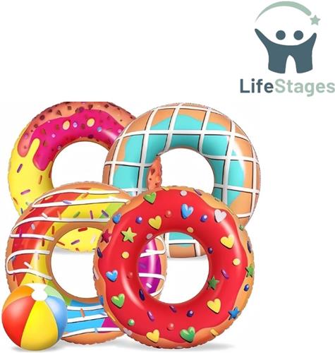 LifeStages - Floaties voor in Het Zwembad - 5 Stuks Donut-Opblaasbare Zwembandjes - 4 Stuks 75cm Donut-Zwembandjes met 35cm Strandballen - Opblaasbare Buizen Drijvend Speelgoed voor Kinderen en Volwassenen - Strand Zwembadfeest