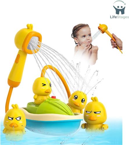 LifeStages - Waterspeelgoed - Afneembare Eenden Douchekop voor Baby + 3 - Eenden Badspeelgoed & Elektrische Waterpomp - met Motorboot Ontwerp - Waterspeelgoed voor Pasgeborenen/Poputers voor Haarreiniging - Badplezier met Leerspelletjes
